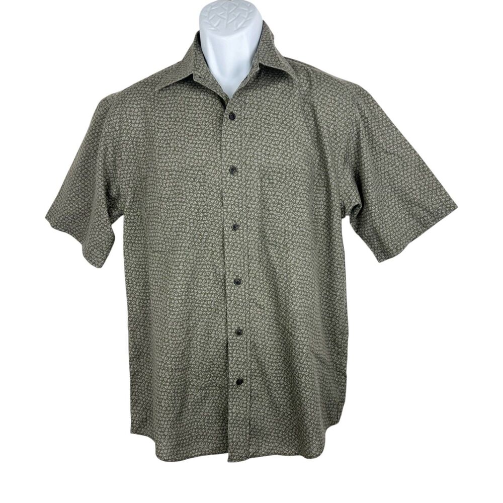 Van Heusen Button Down Shirt Men Small 14-14 ½ Green Graphic Short Sleeve Casual